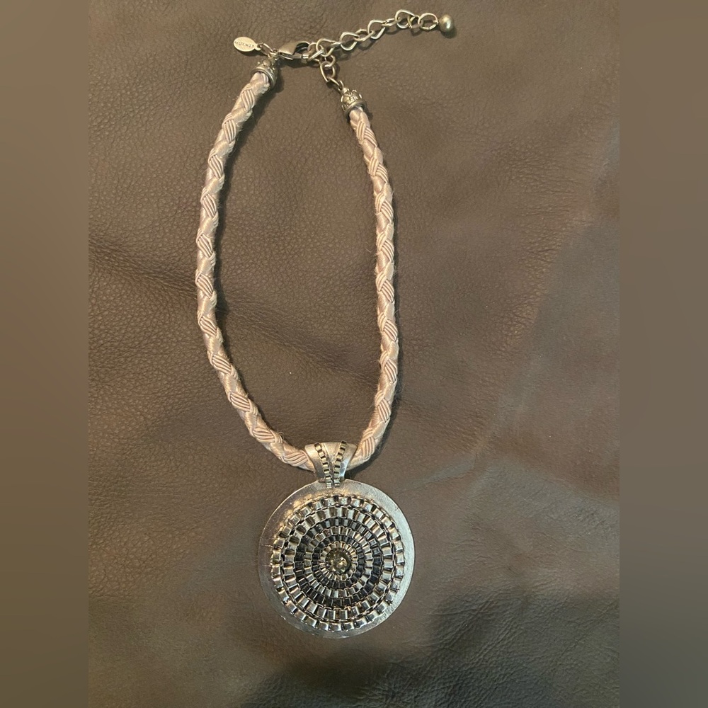 Chicos Braided Light grey Cord Necklace with Silver Medallion Pendant